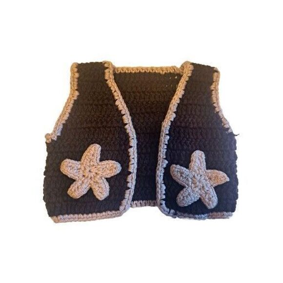 Handmade Crocheted Western Vest Babies Teddy Bear Doll Brown White Stars Cowboy - Picture 1 of 6